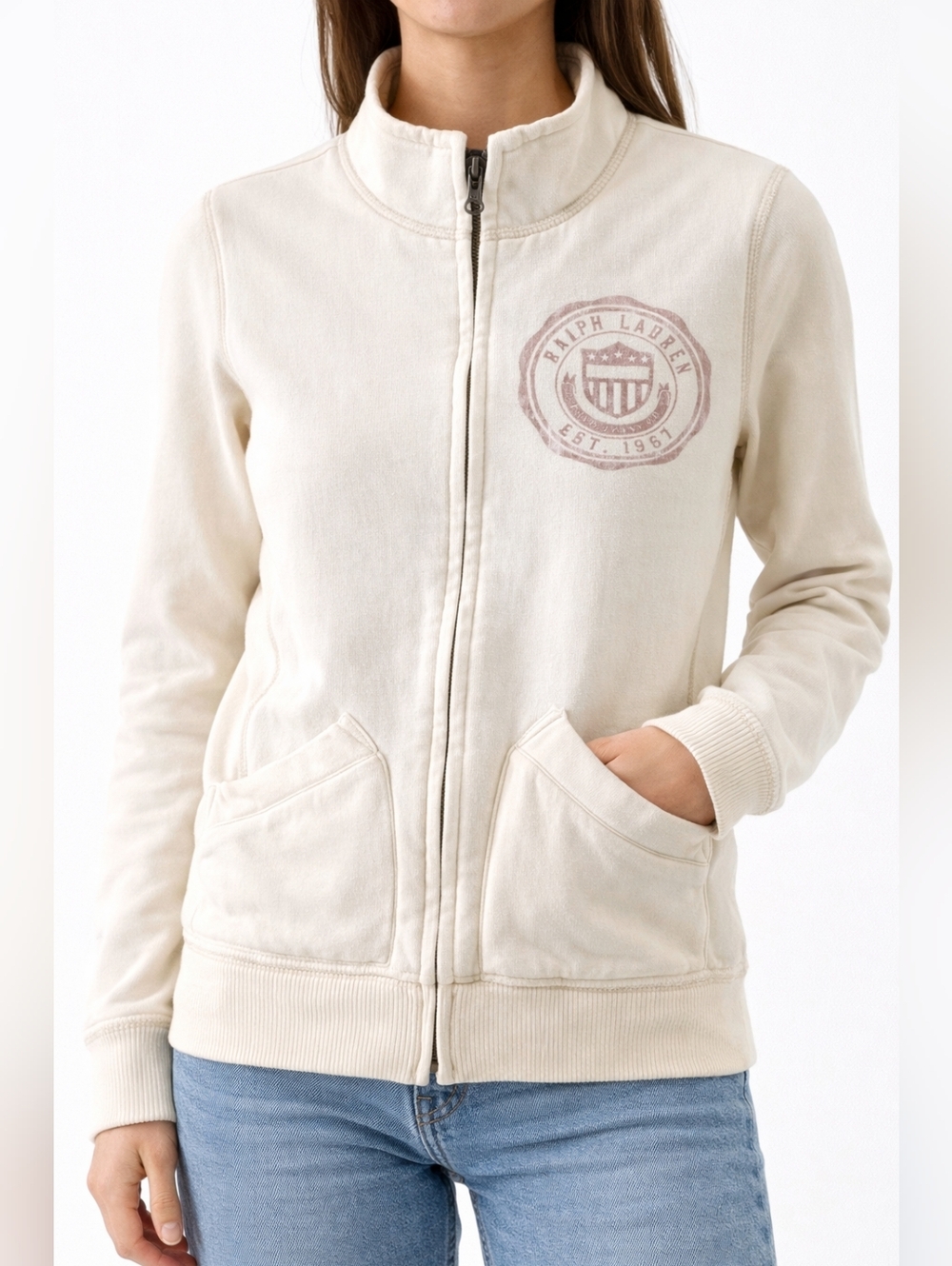 Ralph Lauren Cream Full Zip Sweatshirt Jacket Size Small